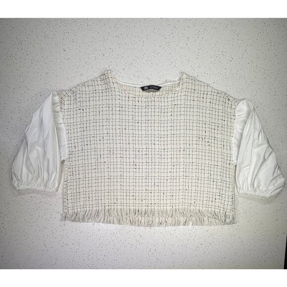 Zara Tops - ZARA Textured Tweed Crop Top Blouse Puff Sleeve White size L